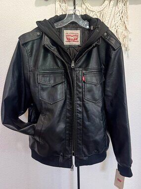 Levi’s Faux Leather Hooded Bomber Jacket Black Size Large NWT